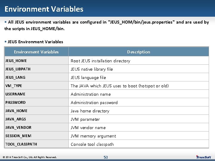 Environment Variables § All JEUS environment variables are configured in "JEUS_HOM/bin/jeus. properties" and are