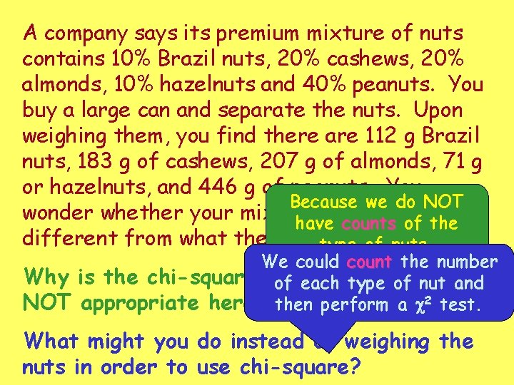 A company says its premium mixture of nuts contains 10% Brazil nuts, 20% cashews, A company says its premium mixture of nuts contains 10% Brazil nuts, 20% cashews,