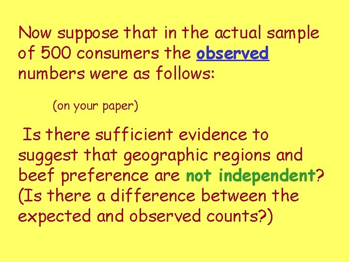 Now suppose that in the actual sample of 500 consumers the observed numbers were Now suppose that in the actual sample of 500 consumers the observed numbers were