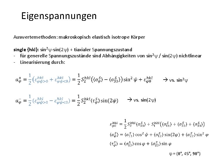 Eigenspannungen Auswertemethoden: makroskopisch elastisch isotrope Körper single {hkl}: sin 2 y-sin(2 y) + tiaxialer