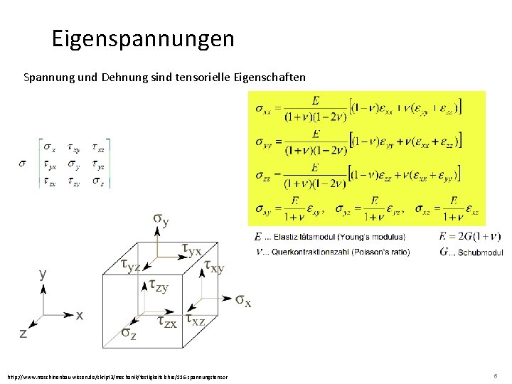 Eigenspannungen Spannung und Dehnung sind tensorielle Eigenschaften http: //www. maschinenbau-wissen. de/skript 3/mechanik/festigkeitslehre/116 -spannungstensor 6