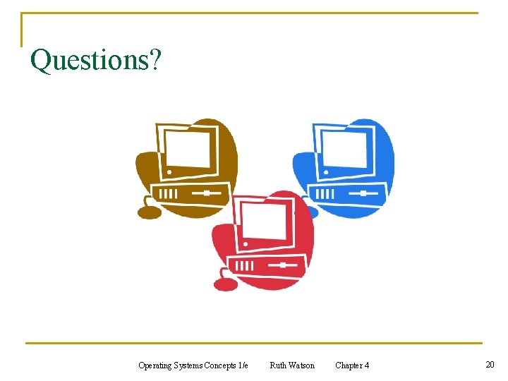 Questions? Operating Systems Concepts 1/e Ruth Watson Chapter 4 20 