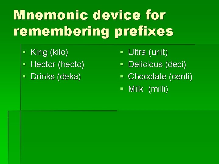 Mnemonic device for remembering prefixes § King (kilo) § Hector (hecto) § Drinks (deka)