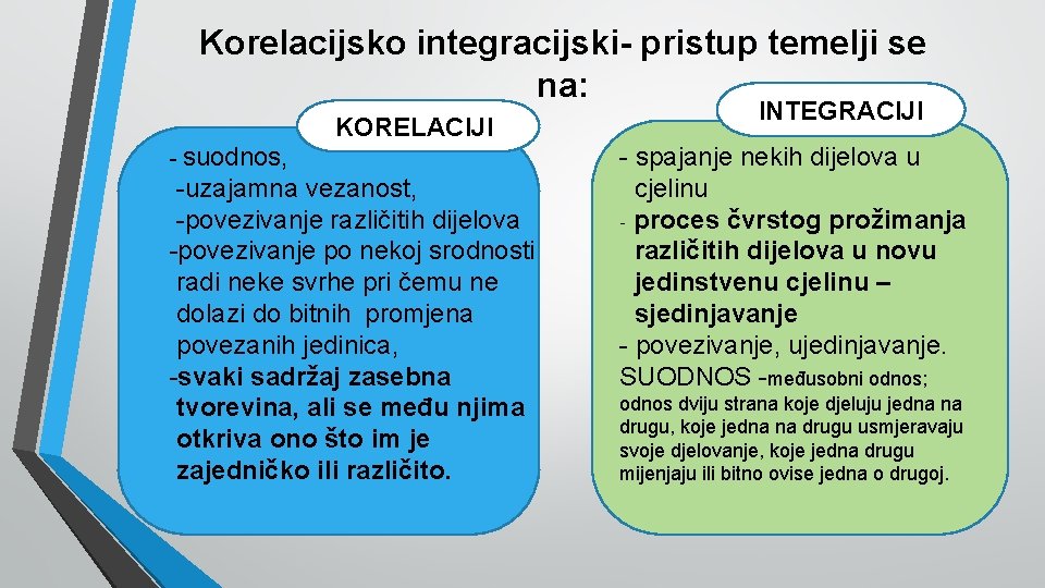 Korelacijsko integracijski- pristup temelji se na: KKORELACIJI - suodnos, -uzajamna vezanost, -povezivanje različitih dijelova