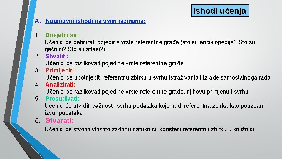 Ishodi učenja A. Kognitivni ishodi na svim razinama: 1. Dosjetiti se: Učenici će definirati