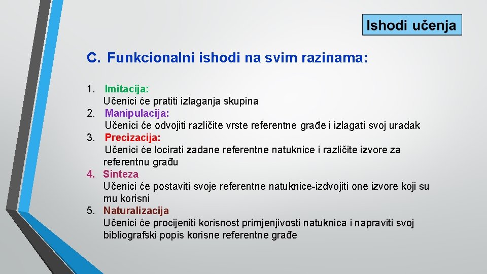 C. Funkcionalni ishodi na svim razinama: 1. Imitacija: Učenici će pratiti izlaganja skupina 2.