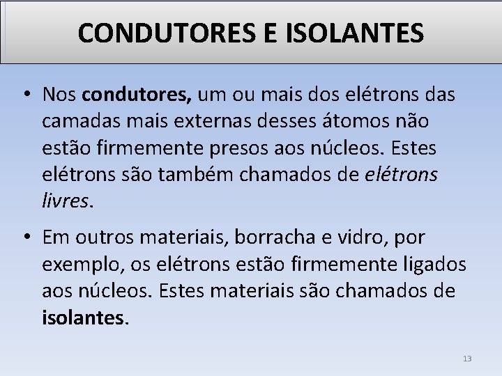 CONDUTORES E ISOLANTES • Nos condutores, um ou mais dos elétrons das camadas mais