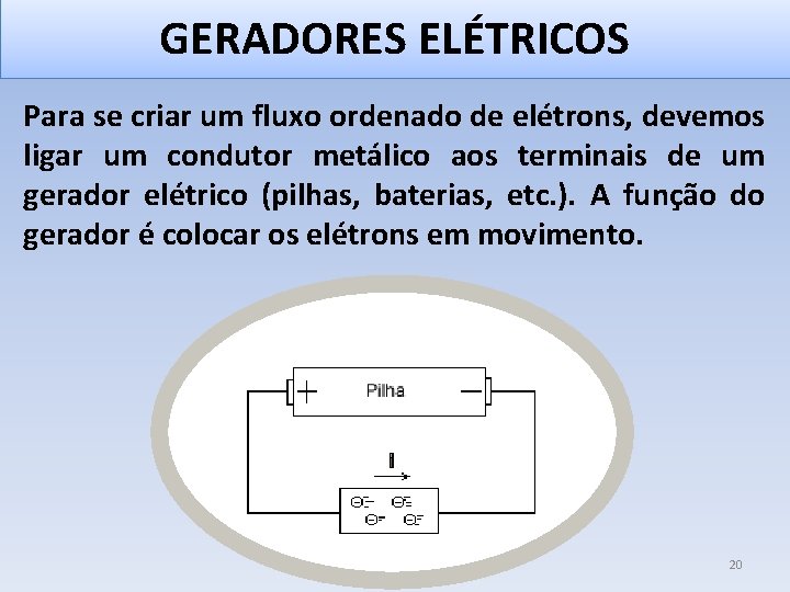 GERADORES ELÉTRICOS Para se criar um fluxo ordenado de elétrons, devemos ligar um condutor