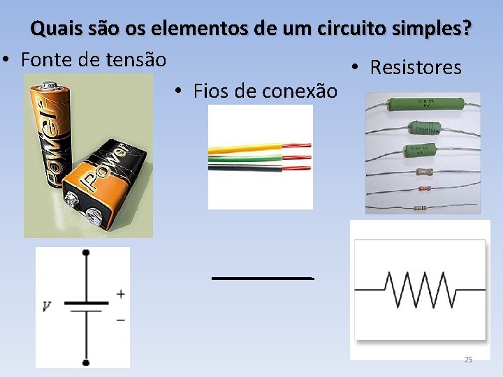 Quais são os elementos de um circuito simples? • Fonte de tensão • Resistores