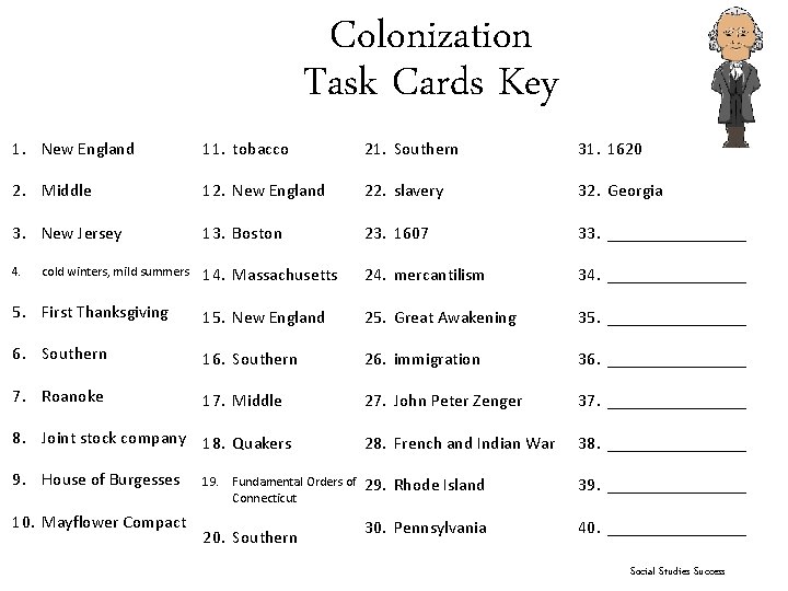 Colonization Task Cards Key 1. New England 11. tobacco 21. Southern 31. 1620 2.