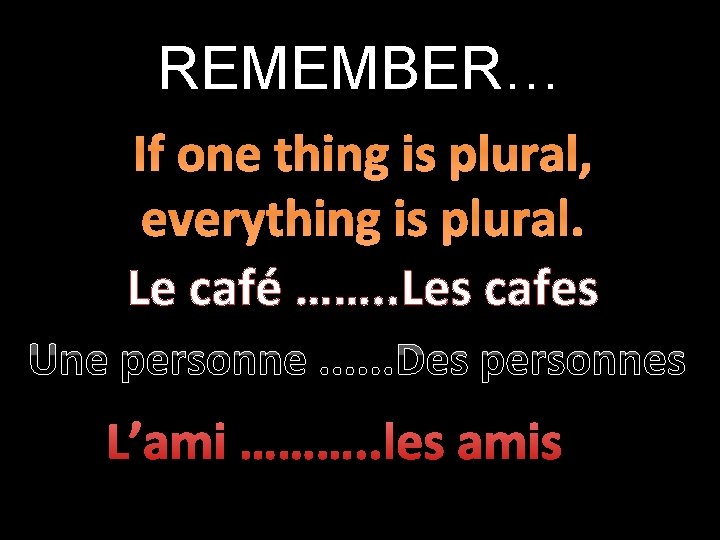 REMEMBER… If one thing is plural, everything is plural. Le café ……. . Les