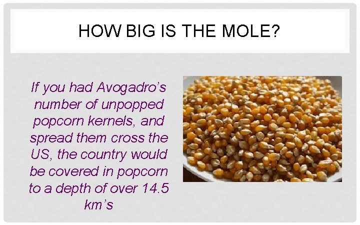 HOW BIG IS THE MOLE? If you had Avogadro’s number of unpopped popcorn kernels,