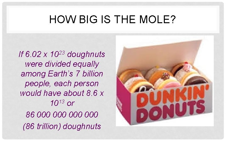 HOW BIG IS THE MOLE? If 6. 02 x 1023 doughnuts were divided equally