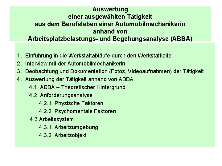 Auswertung einer ausgewählten Tätigkeit aus dem Berufsleben einer Automobilmechanikerin anhand von Arbeitsplatzbelastungs- und Begehungsanalyse