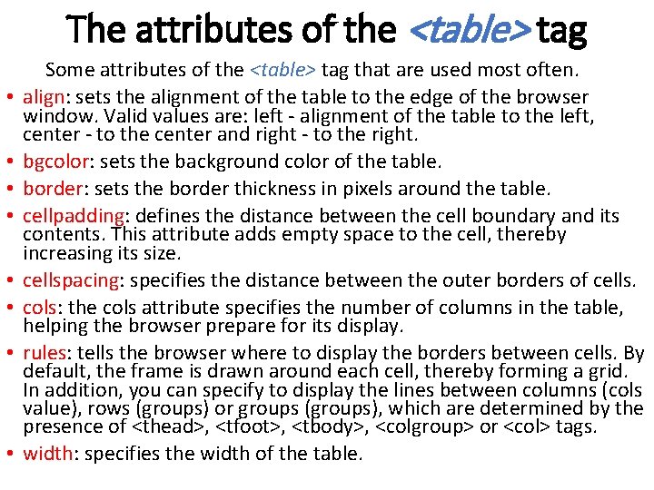 The attributes of the <table> tag • • Some attributes of the <table> tag The attributes of the <table> tag • • Some attributes of the <table> tag