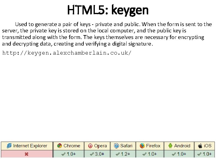 HTML 5: keygen Used to generate a pair of keys - private and public. HTML 5: keygen Used to generate a pair of keys - private and public.