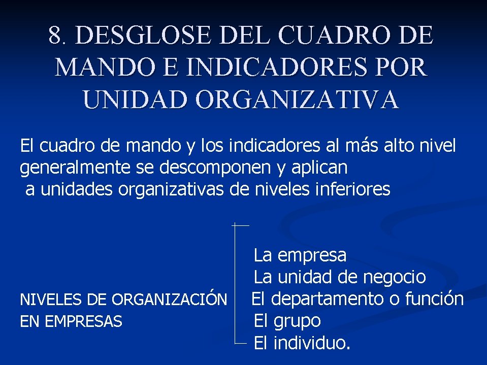 8. DESGLOSE DEL CUADRO DE MANDO E INDICADORES POR UNIDAD ORGANIZATIVA El cuadro de 8. DESGLOSE DEL CUADRO DE MANDO E INDICADORES POR UNIDAD ORGANIZATIVA El cuadro de