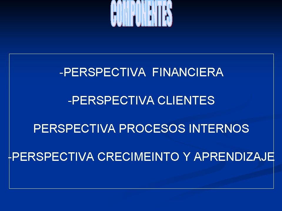 -PERSPECTIVA FINANCIERA -PERSPECTIVA CLIENTES PERSPECTIVA PROCESOS INTERNOS -PERSPECTIVA CRECIMEINTO Y APRENDIZAJE -PERSPECTIVA FINANCIERA -PERSPECTIVA CLIENTES PERSPECTIVA PROCESOS INTERNOS -PERSPECTIVA CRECIMEINTO Y APRENDIZAJE