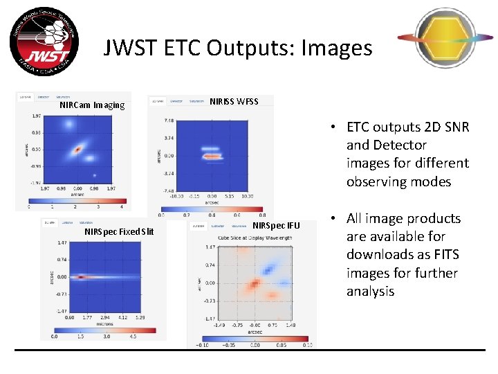 JWST ETC Outputs: Images NIRCam Imaging NIRISS WFSS • ETC outputs 2 D SNR