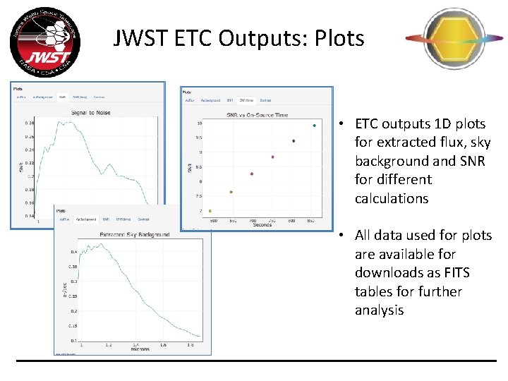 JWST ETC Outputs: Plots • ETC outputs 1 D plots for extracted flux, sky