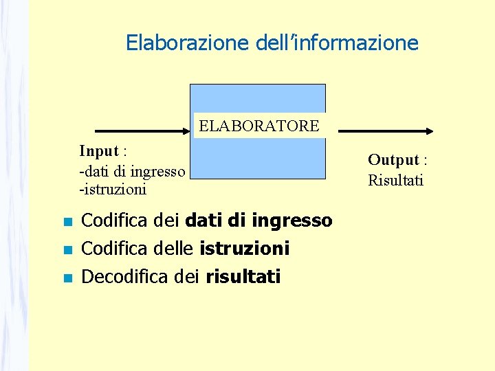 Elaborazione dell’informazione ELABORATORE Input : -dati di ingresso -istruzioni Codifica dei dati di ingresso Elaborazione dell’informazione ELABORATORE Input : -dati di ingresso -istruzioni Codifica dei dati di ingresso
