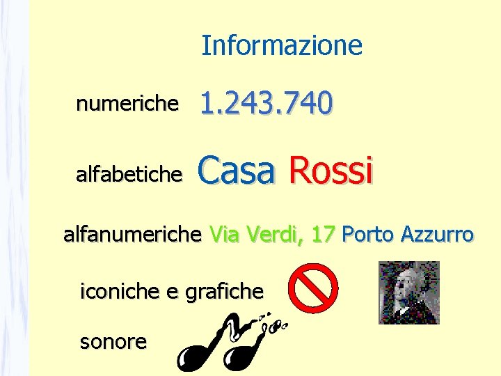 Informazione numeriche 1. 243. 740 alfabetiche Casa Rossi alfanumeriche Via Verdi, 17 Porto Azzurro Informazione numeriche 1. 243. 740 alfabetiche Casa Rossi alfanumeriche Via Verdi, 17 Porto Azzurro