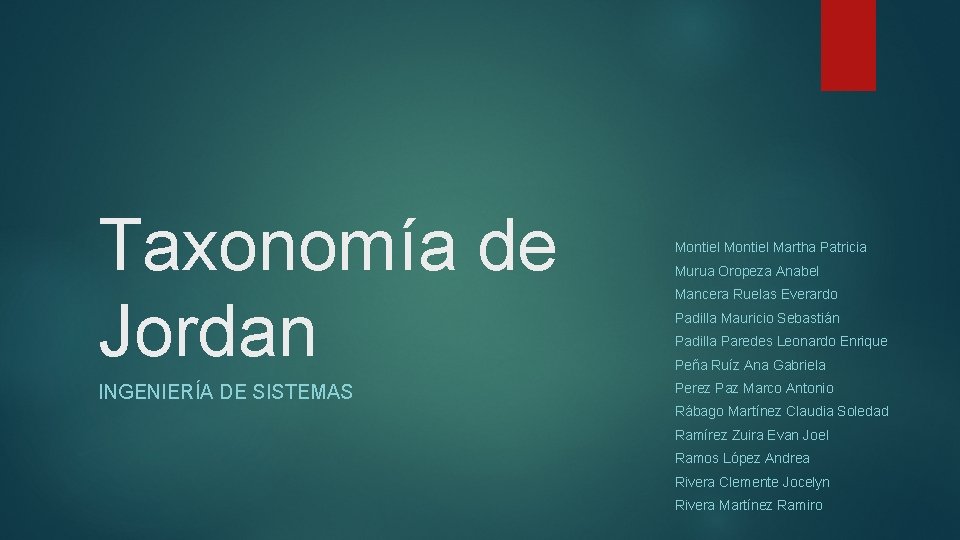 Taxonomía de Jordan INGENIERÍA DE SISTEMAS Montiel Martha Patricia Murua Oropeza Anabel Mancera Ruelas