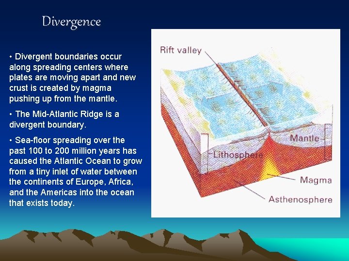 Divergence • Divergent boundaries occur along spreading centers where plates are moving apart and