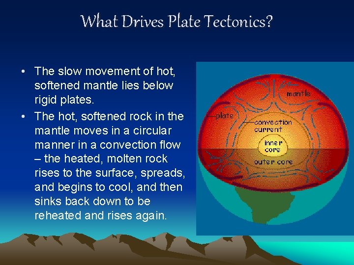 What Drives Plate Tectonics? • The slow movement of hot, softened mantle lies below