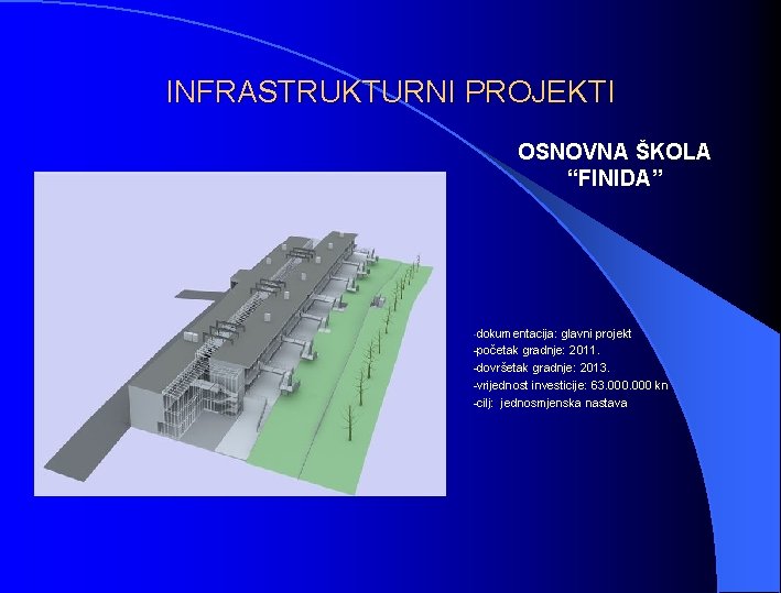 INFRASTRUKTURNI PROJEKTI OSNOVNA ŠKOLA “FINIDA” -dokumentacija: glavni projekt -početak gradnje: 2011. -dovršetak gradnje: 2013.