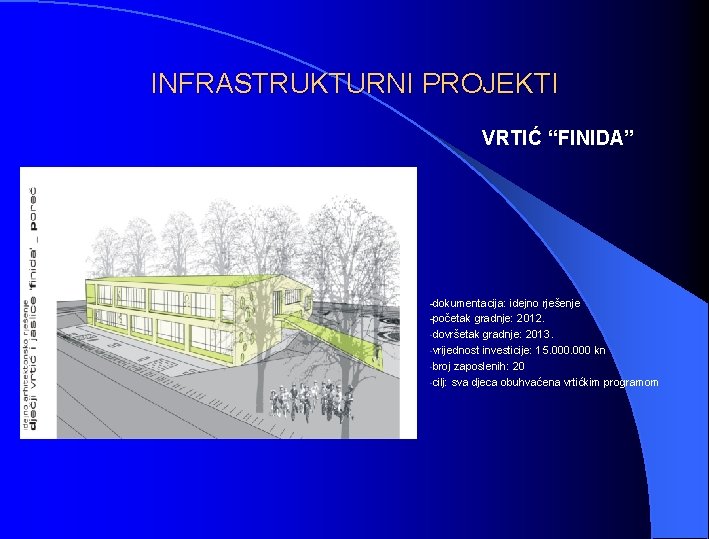 INFRASTRUKTURNI PROJEKTI VRTIĆ “FINIDA” -dokumentacija: idejno rješenje -početak gradnje: 2012. -dovršetak gradnje: 2013. -vrijednost