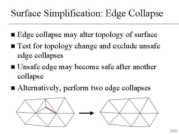 Surface Simplification: Edge Collapse Edge collapse may alter topology of surface n Test for