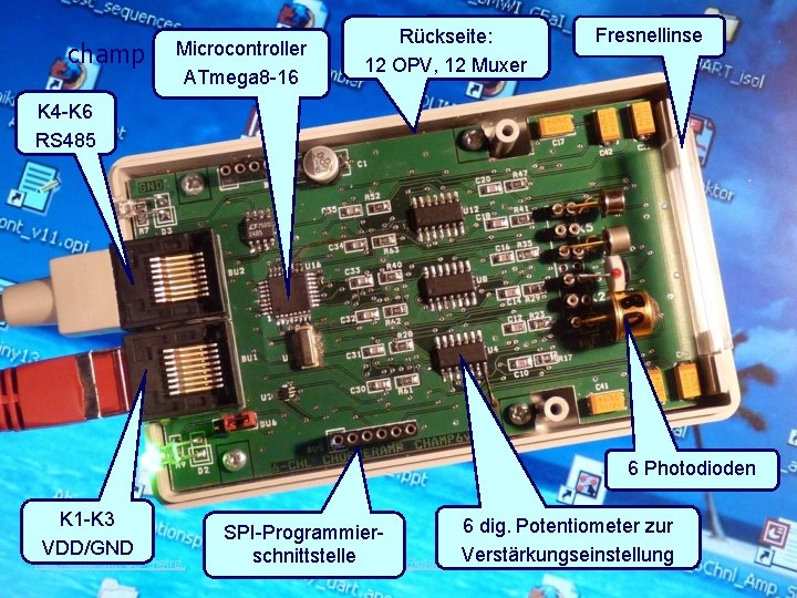 champ Microcontroller ATmega 8 -16 Rückseite: 12 OPV, 12 Muxer Fresnellinse K 4 -K