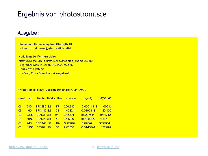 Ergebnis von photostrom. sce Ausgabe: Photostrom Berechnung fuer Champ 6 v 10 G. Heinz
