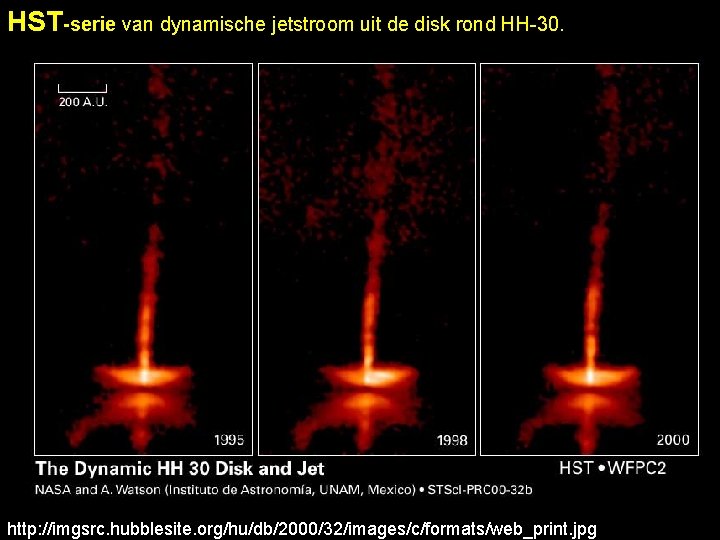 HST-serie van dynamische jetstroom uit de disk rond HH-30. http: //imgsrc. hubblesite. org/hu/db/2000/32/images/c/formats/web_print. jpg