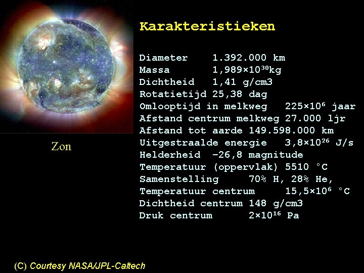 Karakteristieken Zon Diameter 1. 392. 000 km Massa 1, 989× 1030 kg Dichtheid 1,