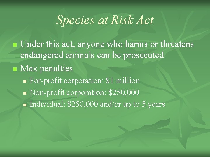 Species at Risk Act n n Under this act, anyone who harms or threatens