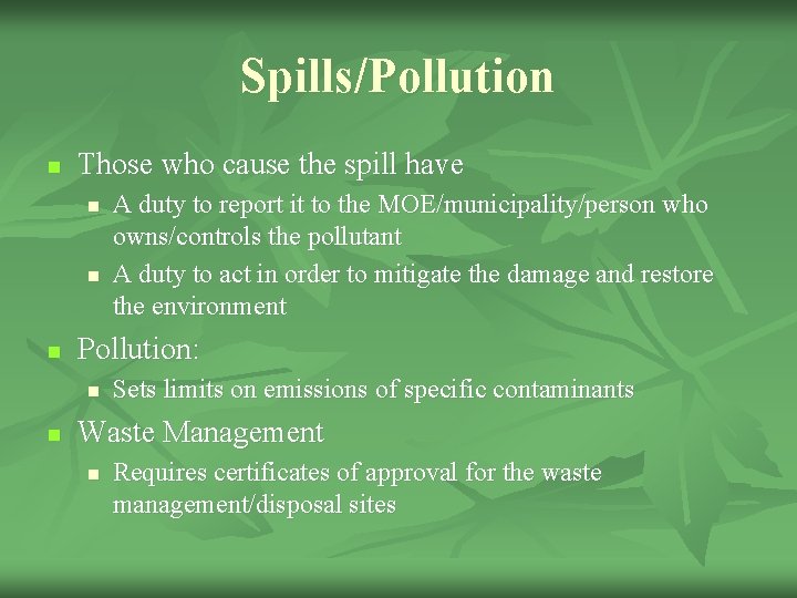 Spills/Pollution n Those who cause the spill have n n n Pollution: n n