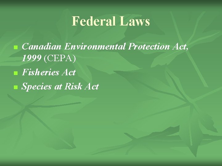 Federal Laws n n n Canadian Environmental Protection Act, 1999 (CEPA) Fisheries Act Species