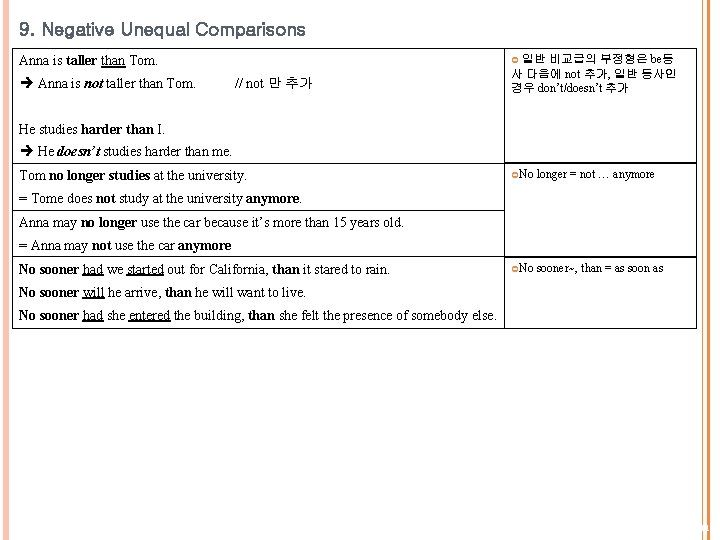 9. Negative Unequal Comparisons 일반 비교급의 부정형은 be동 Anna is taller than Tom. Anna 9. Negative Unequal Comparisons 일반 비교급의 부정형은 be동 Anna is taller than Tom. Anna