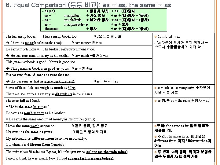 6. Equal Comparison (동등 비교): as ~ as, the same ~ as - as 6. Equal Comparison (동등 비교): as ~ as, the same ~ as - as