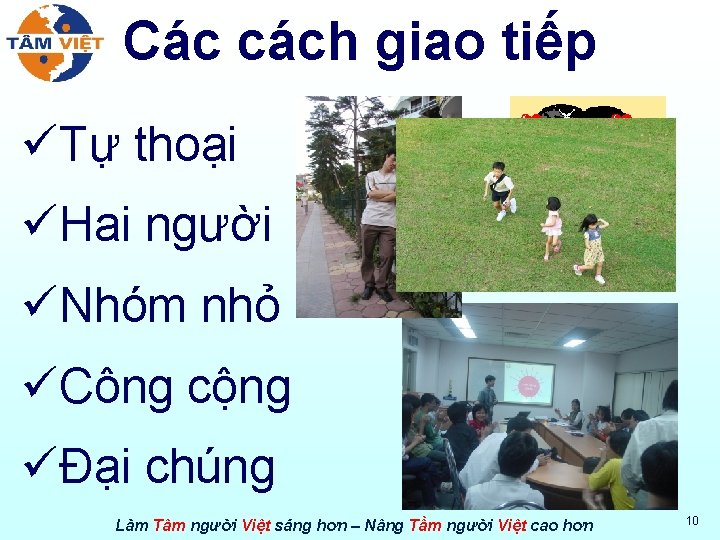 Các cách giao tiếp üTự thoại üHai người üNhóm nhỏ üCông cộng üĐại chúng