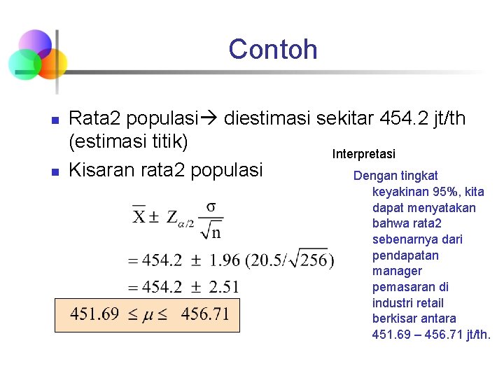 Contoh n n Rata 2 populasi diestimasi sekitar 454. 2 jt/th (estimasi titik) Interpretasi