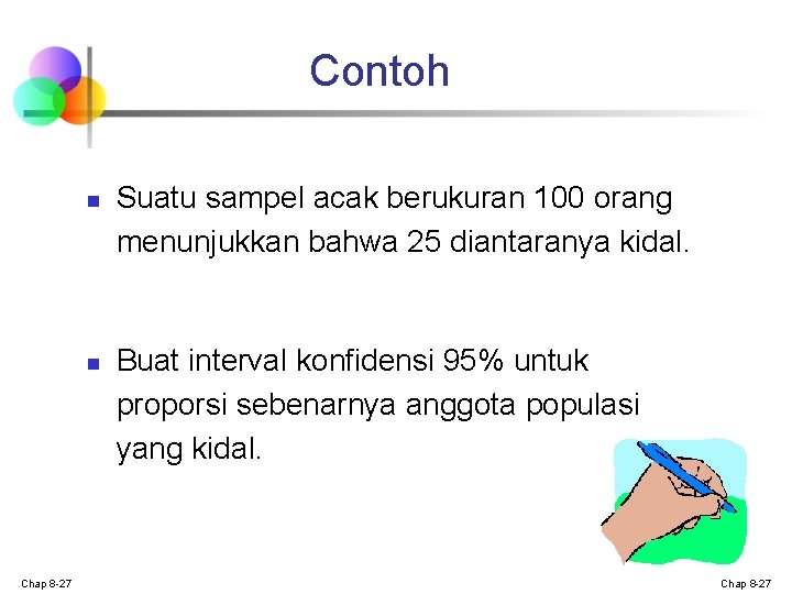 Contoh n n Chap 8 -27 Suatu sampel acak berukuran 100 orang menunjukkan bahwa