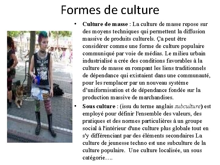 Formes de culture • Culture de masse : La culture de masse repose sur