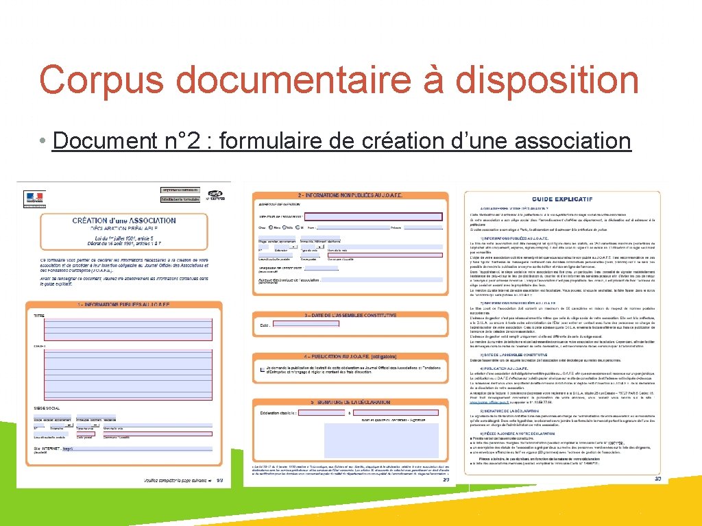 Corpus documentaire à disposition • Document n° 2 : formulaire de création d’une association