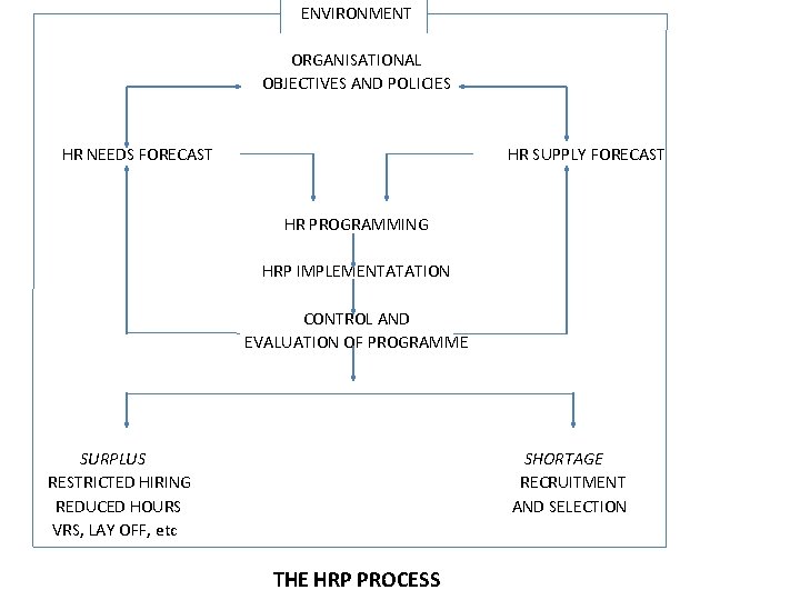 ENVIRONMENT ORGANISATIONAL OBJECTIVES AND POLICIES HR NEEDS FORECAST HR SUPPLY FORECAST HR PROGRAMMING HRP ENVIRONMENT ORGANISATIONAL OBJECTIVES AND POLICIES HR NEEDS FORECAST HR SUPPLY FORECAST HR PROGRAMMING HRP