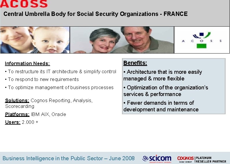 Central Umbrella Body for Social Security Organizations - FRANCE Information Needs: Benefits: • To