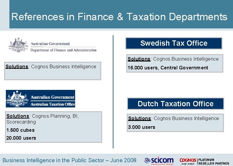 References in Finance & Taxation Departments Swedish Tax Office Solutions: Cognos Business Intelligence 16.