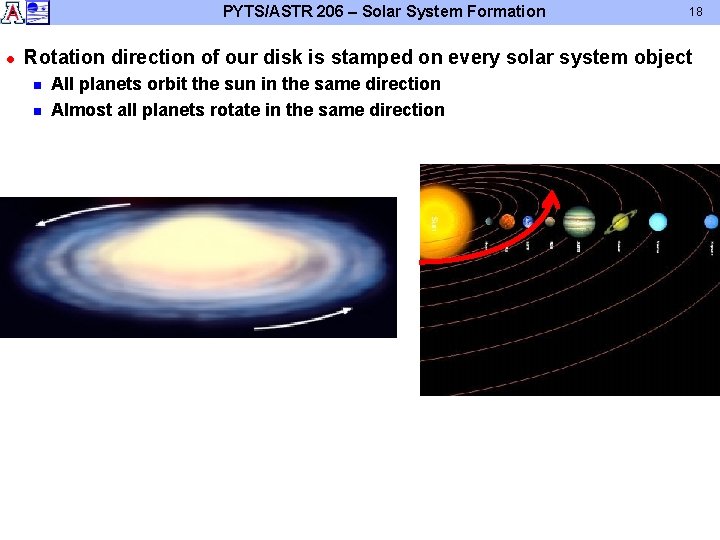 PYTS/ASTR 206 – Solar System Formation l 18 Rotation direction of our disk is PYTS/ASTR 206 – Solar System Formation l 18 Rotation direction of our disk is
